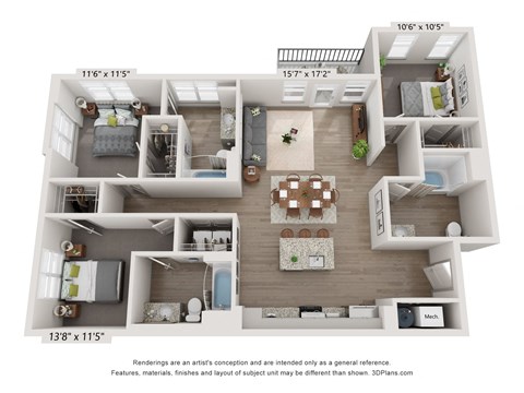 Three-bedroom, three-bath apartment floor plan at Plat 10 Living in Windsor CO with premium finishes and ample space